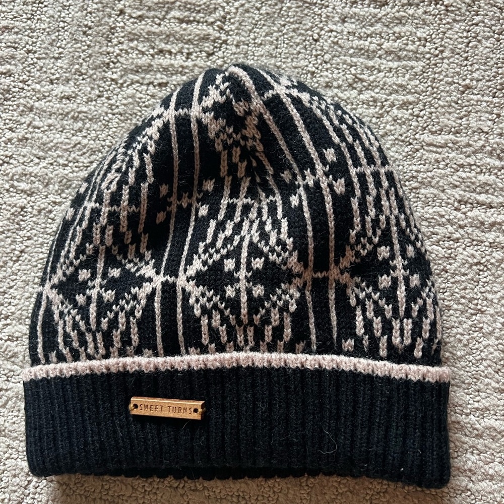 Sweet Turns Black and Cream Knit Beanie with insulated lining